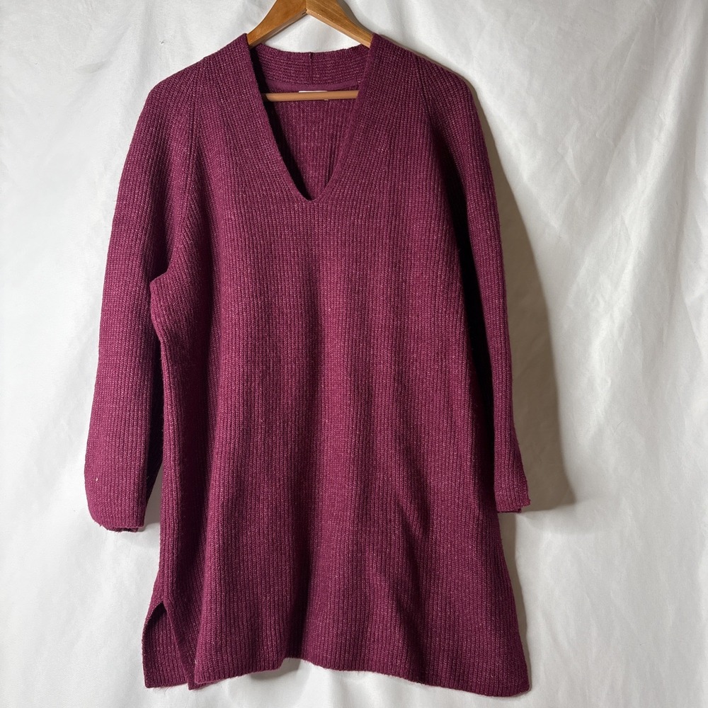 J Jill Pure Jill OS Rib Textured V-neck Tunic Sweater Burgundy See Measurements